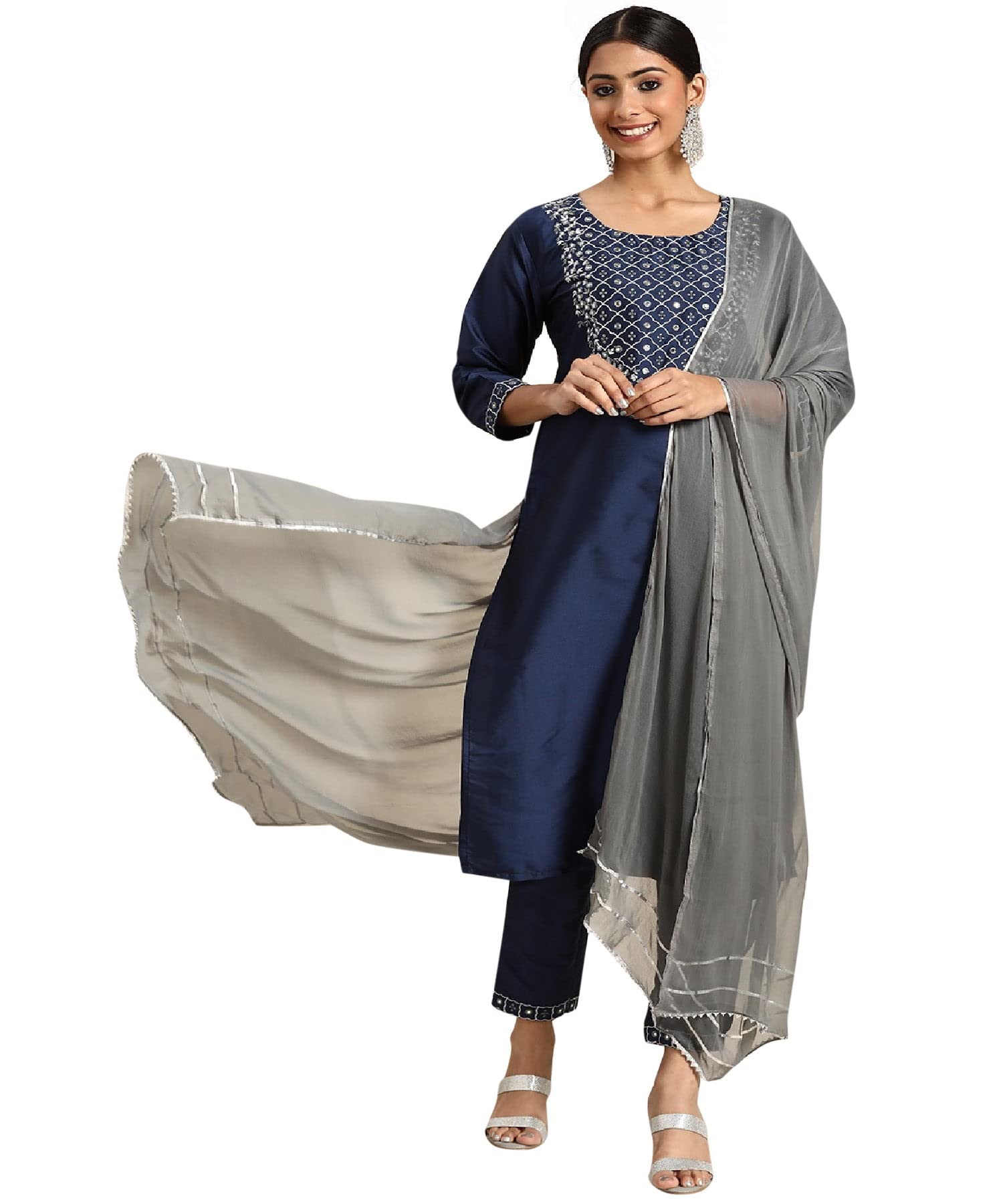 Lookmark Womens Art Silk Kurta And Pant Set With Dupatta Navy Blue-Grey