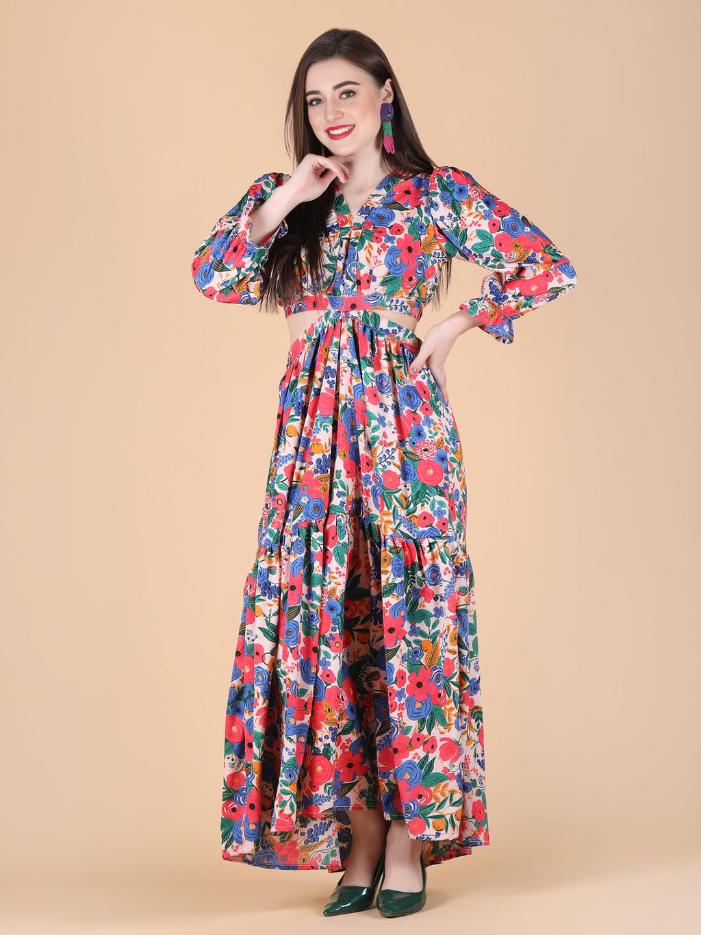 Kuduzo WomenS Crepe Maxi Dress With 3/4Th Sleeves V Neck Line Floral Printed Pattern Maxi Length Waist Cut Regular Fit And Flar