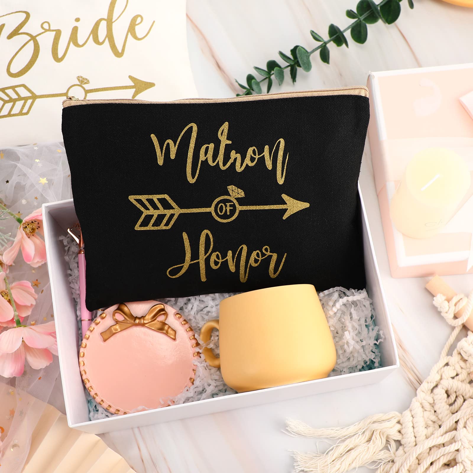 8 Pieces Bridesmaids Wedding Bridal Makeup Bag Cosmetic Canvas Bag Matron of Honor Print Cosmetic Bag for Women Brides Bridesmai