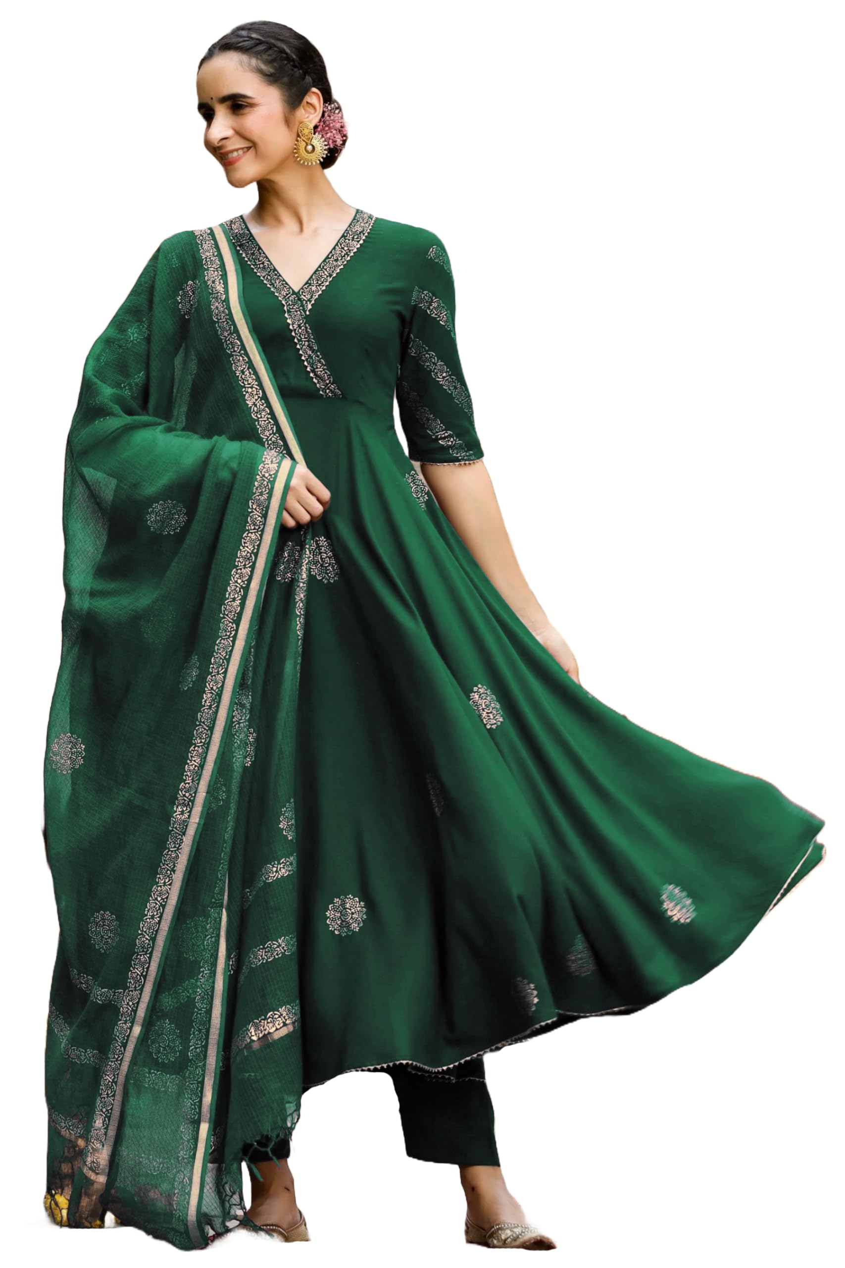 ANNI DESIGNER Anarkali Women s Rayon Blend Kurta with Trousers and Dupatta, Green, Small
