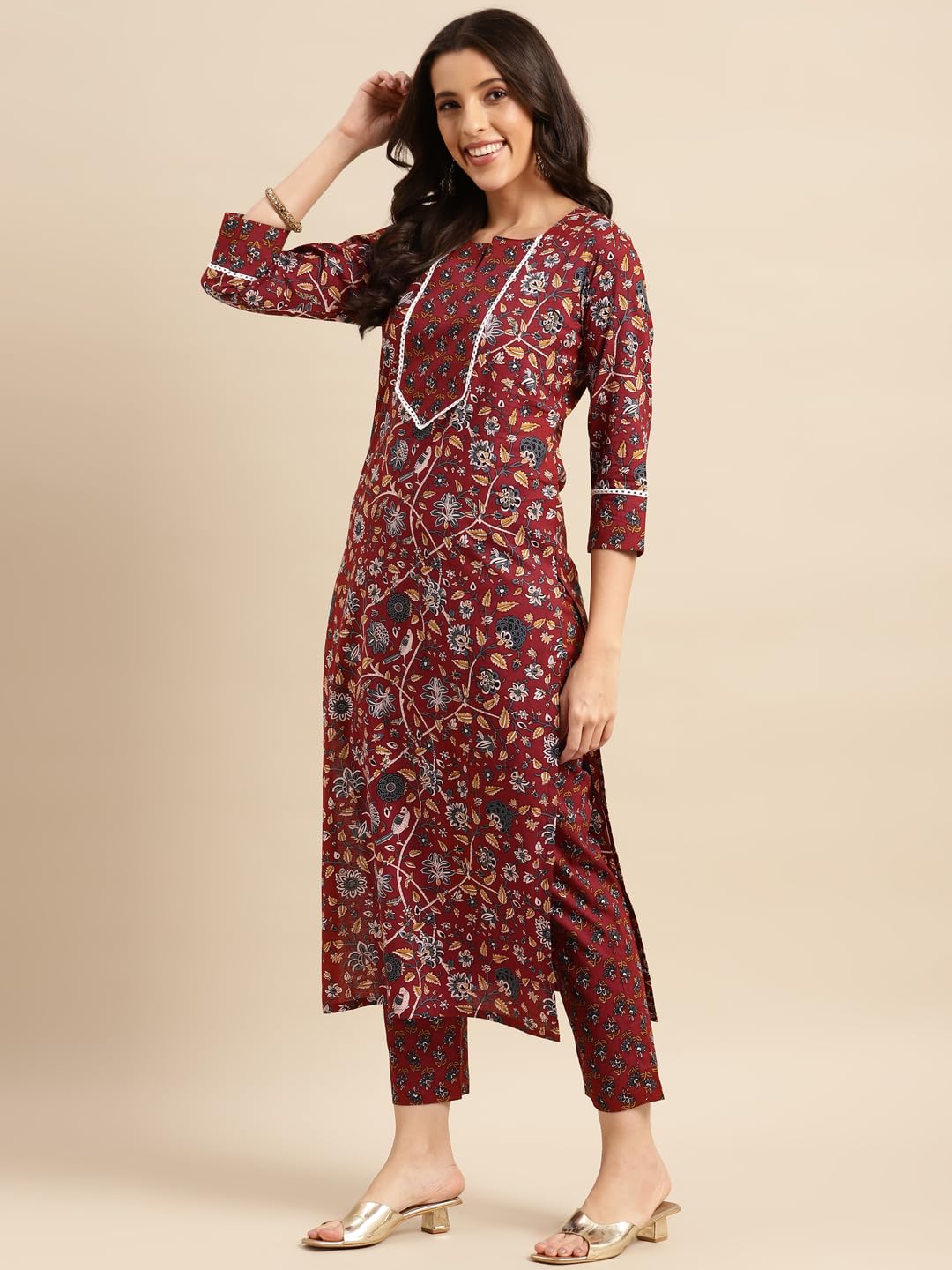 ANNI DESIGNER Womens Cotton Blend Printed Straight Kurta with Pant (Win Red_S_Red_Small)