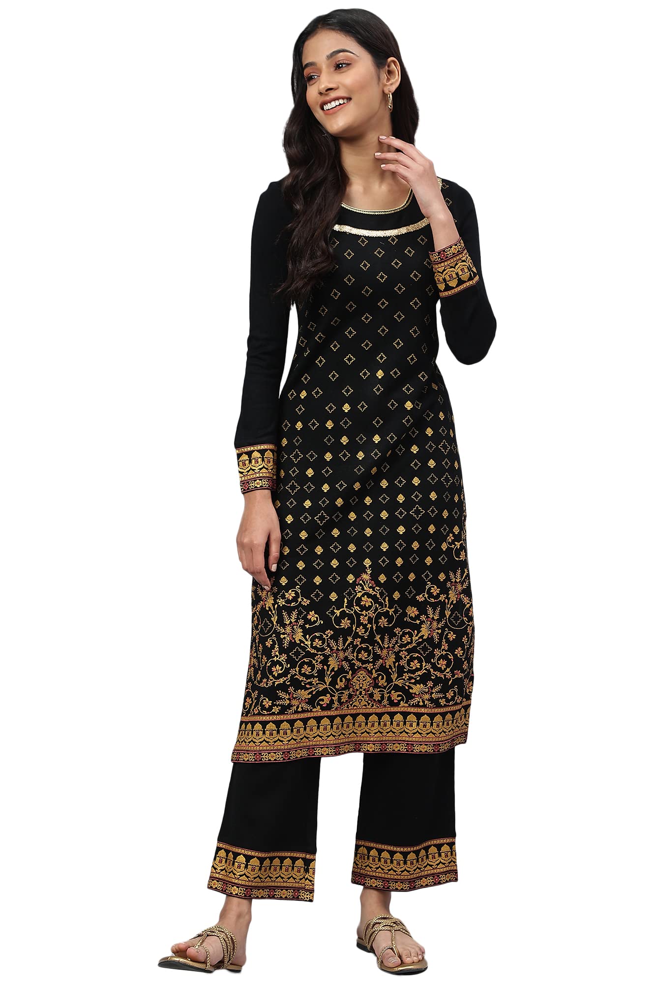 Black Gold Printed Festive Winter Kurta And Pants Set