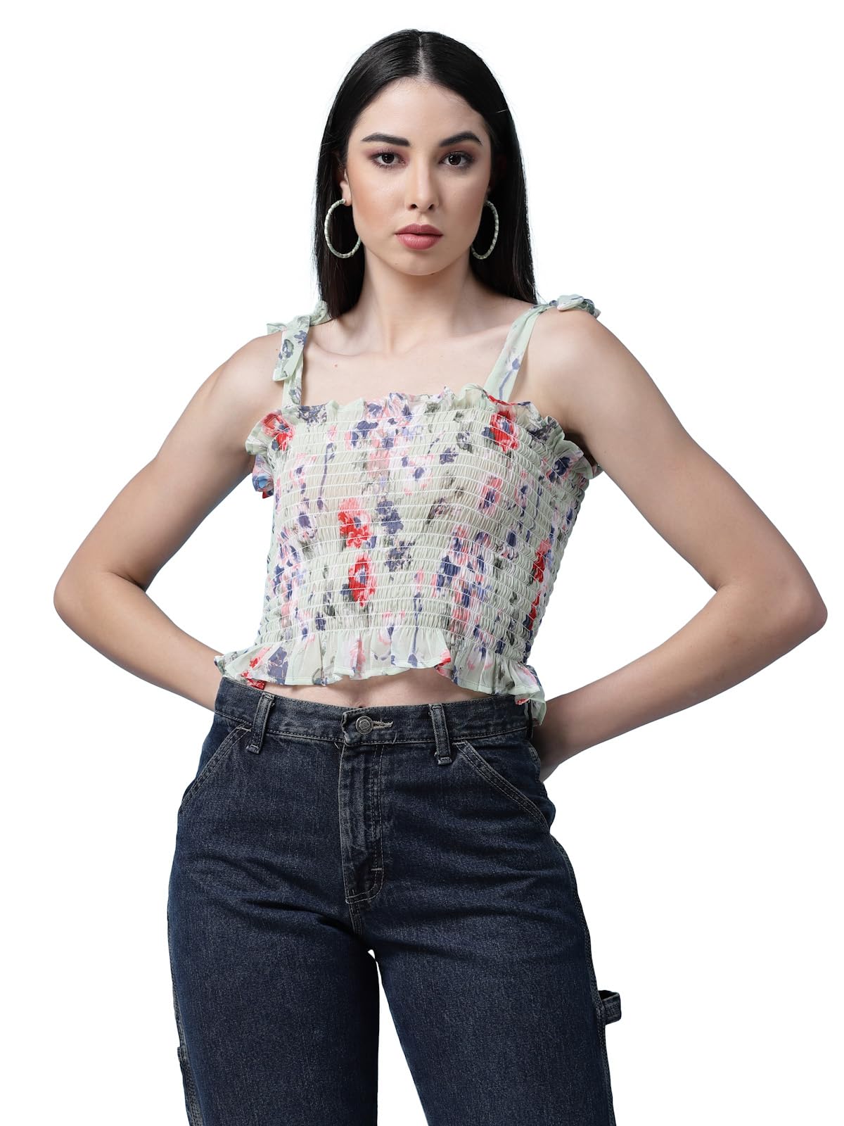 OOMPH! Sleeveless Floral Crop Tops for Women Western, Green - mt605