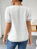 Shasmi Womens Elegant French Textured Fabric Solid White Color Lace Panel V-Neck Jacquard Blouse,Short Puff Sleeve Tops Simple