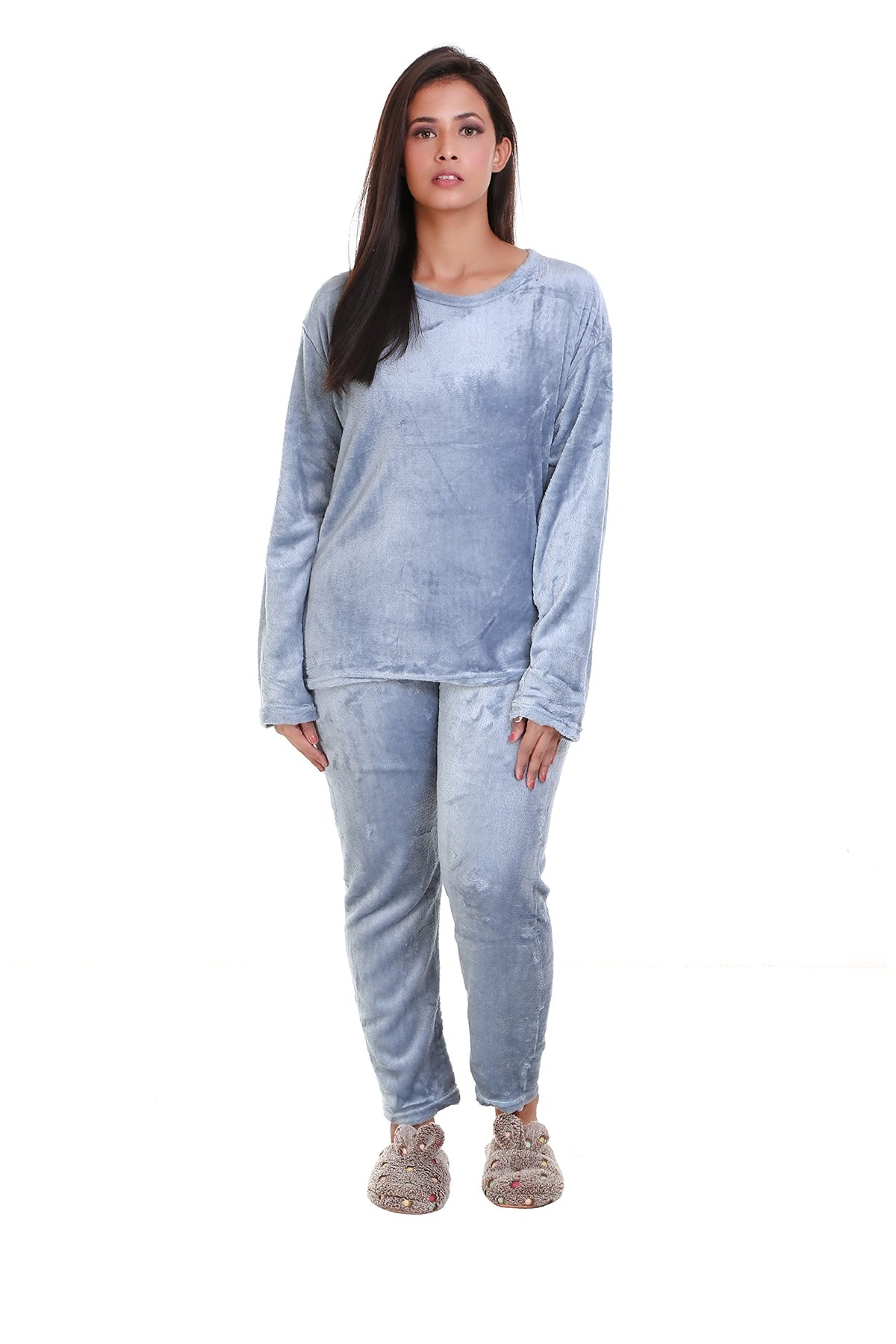 MUKHAKSH (Pack of 1 Set = 1 Pyjamas + 1 Top Girls Plain Blue Winter Woolen Fleece Night Suit (17 Years) Very Comfortale 17-18