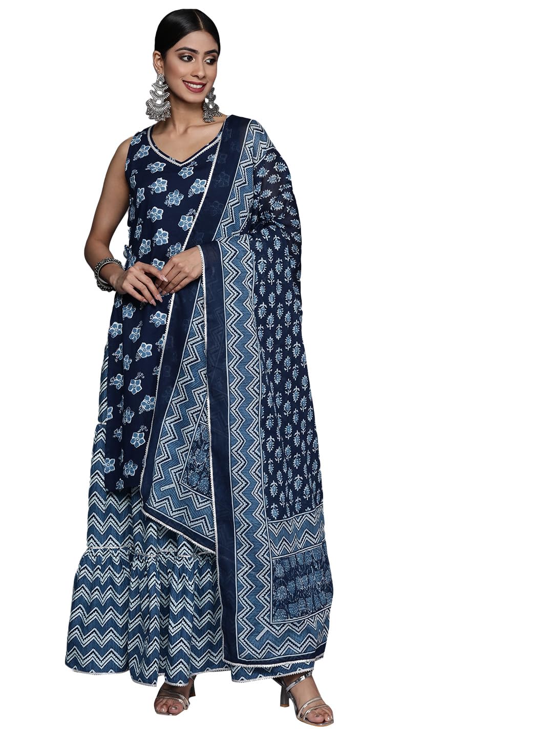 Libas Womens Printed Cotton Straight Kurta With Sharara And Dupatta