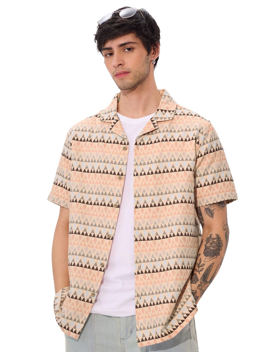 The Souled Store Aztec Men and Boys Short Sleeves Collared Neck Button Front All Over Printed Regular Fit Cotton Textured Shirts