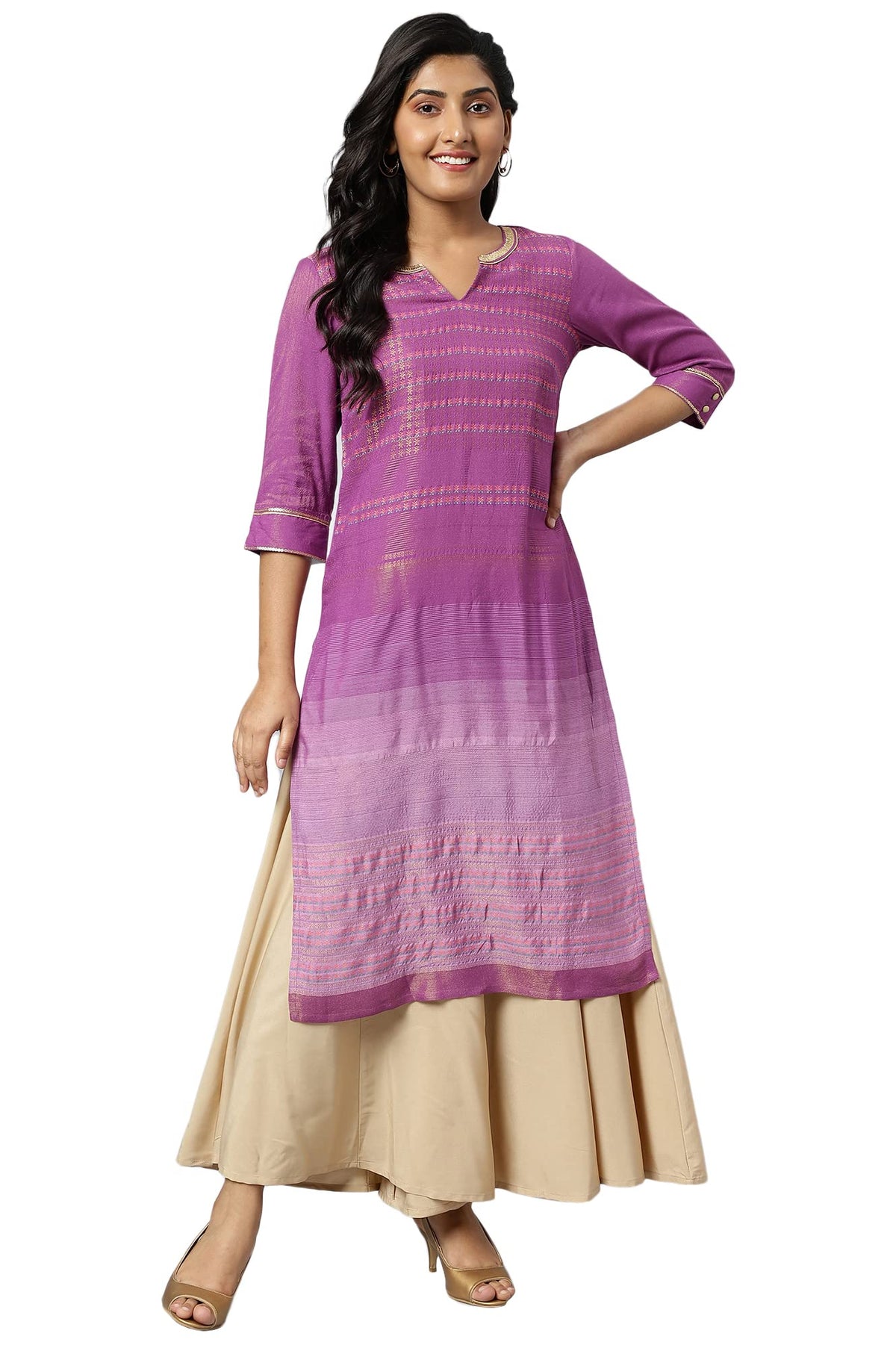 Aurelia Women African Violet Dobby Floral Yarn Dyed Straight Kurta_22Aua13602P-702874_4Xl