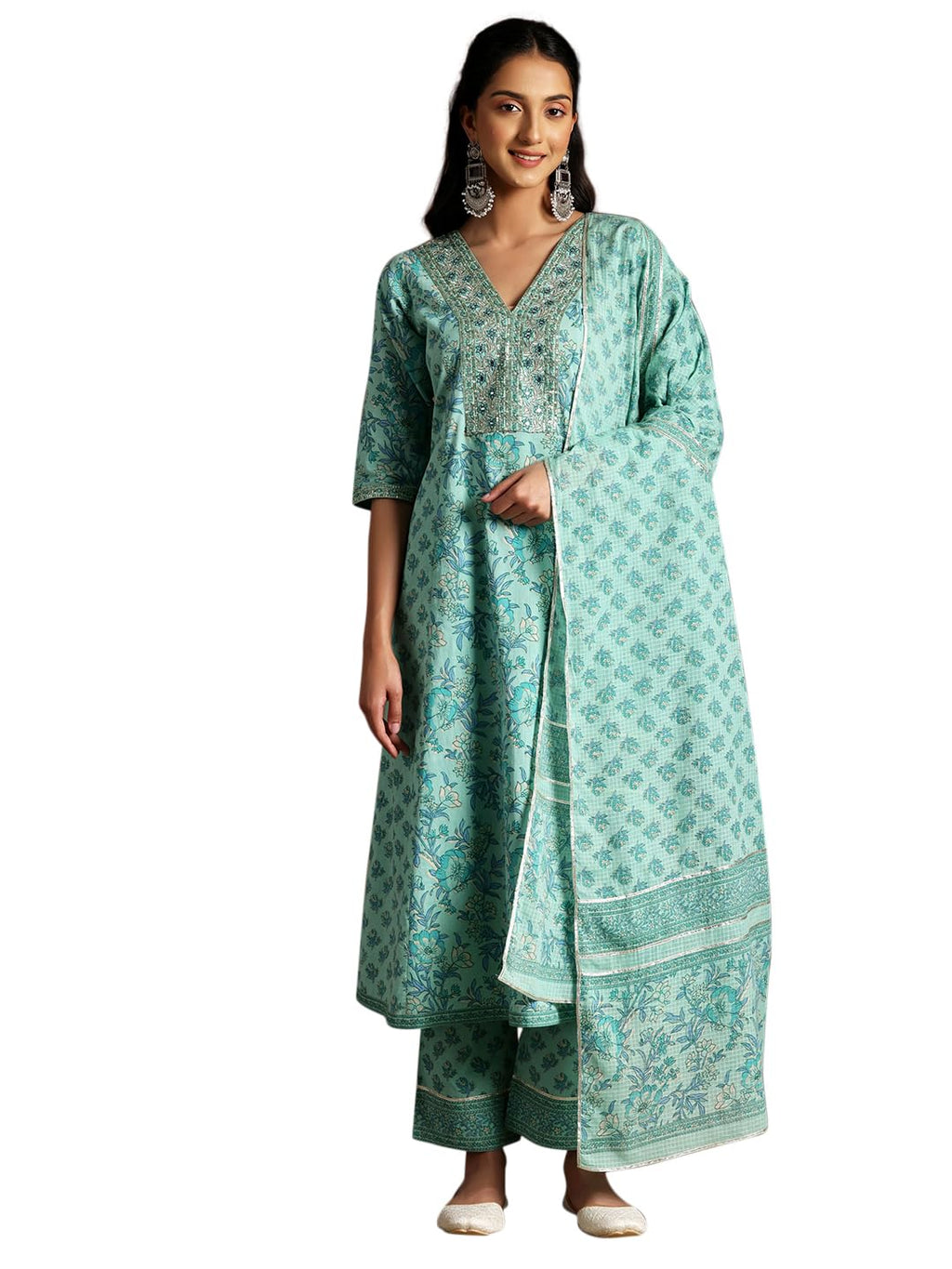 Libas Womens Printed Cotton A-Line Kurta With Trousers And Dupatta
