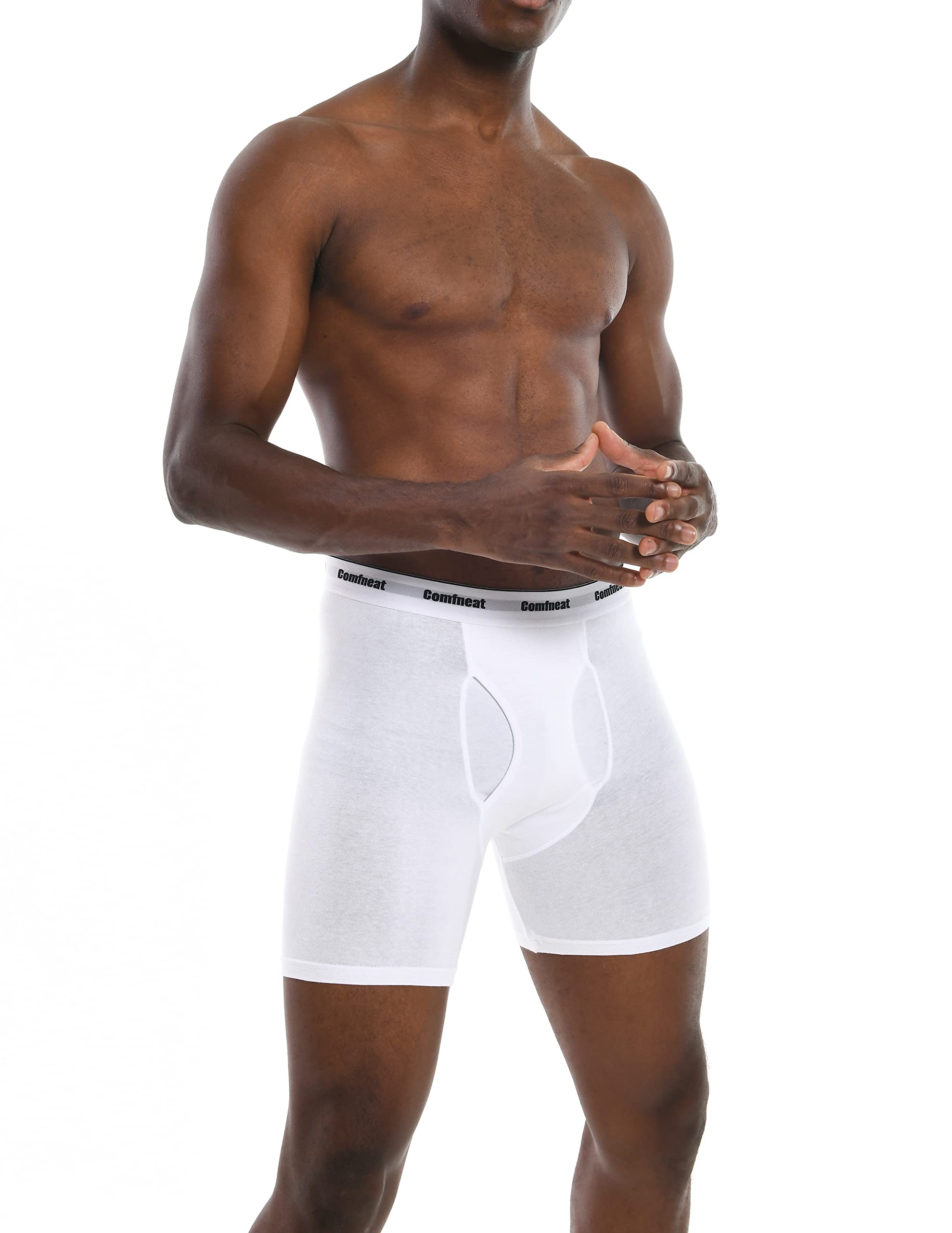 Comfneat Men's 6-Pack Boxer Briefs Soft Breatheable Underwear S-XXL Open Fly (All White Pack-6, M)