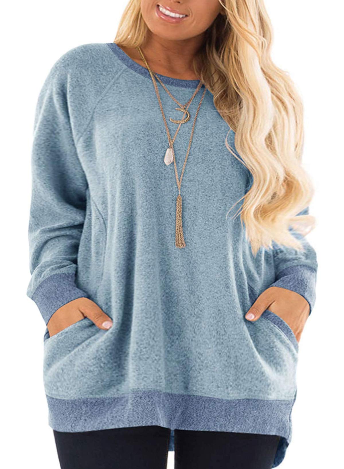 DOLNINE Womens Plus Size Tops Color Block Pocket Sweatshirts Long Sleeve Tunics Blue-16W