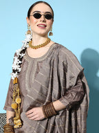 Ishin Women'S Silk Blend Brown Embroidered A-Line Kurta Trouser Dupatta Set