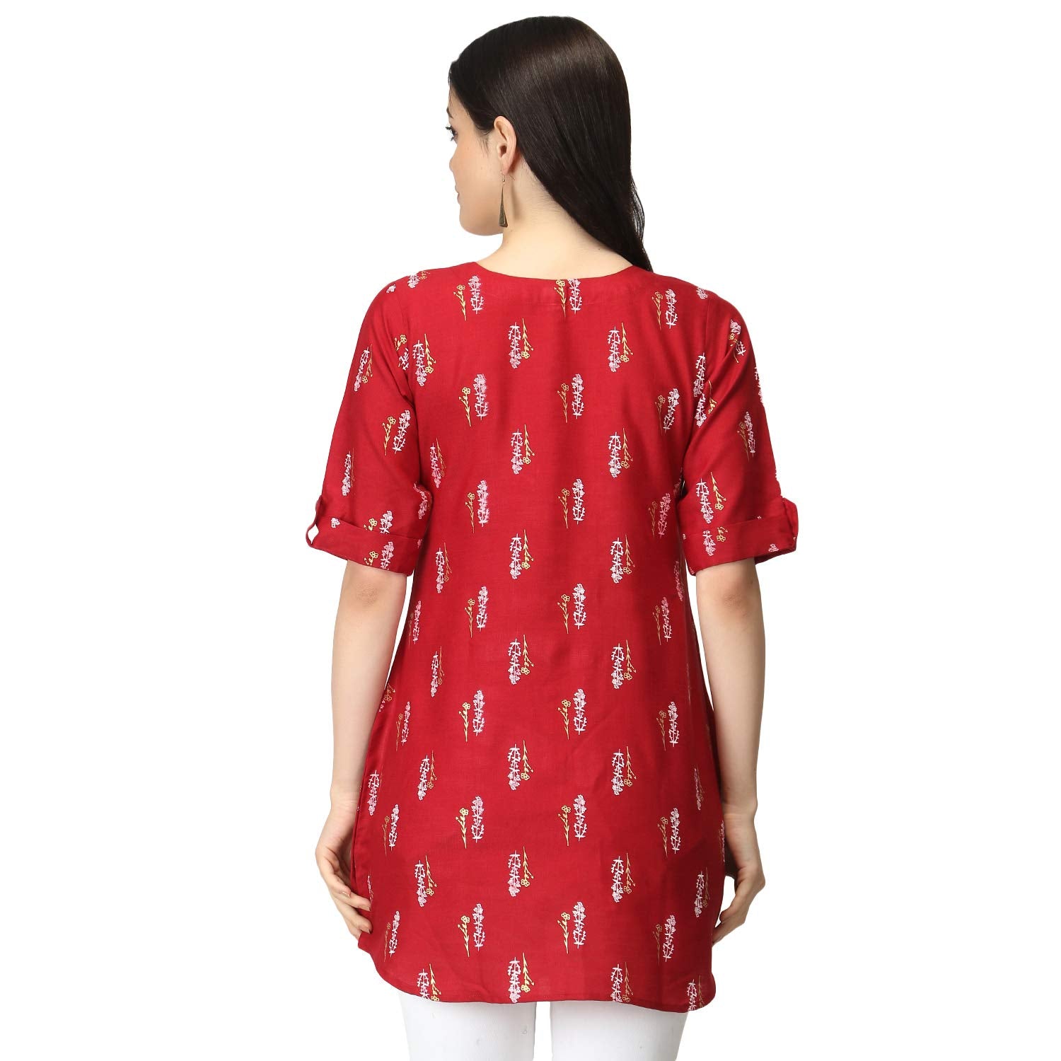 Leriya Fashion Rayon Fabric Printed Round Neck Short Kurtis For Women Top Dresses Kurti For Girls & Ladies Kurtis (X-Large, Red)