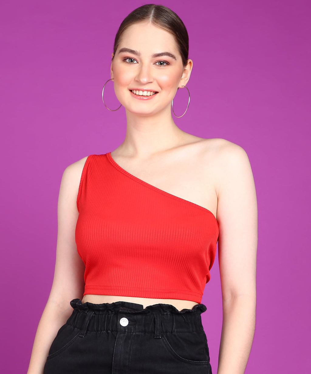 POPWINGS Women Casual Red Self Design Rib One Shoulder Sleeveless Crop Top