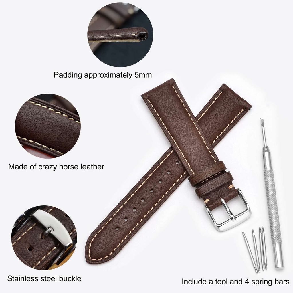 WOCCI 19mm Vintage Leather Watch Band for Men and Women, Silver Buckle (Dark Brown/Beige Seam)