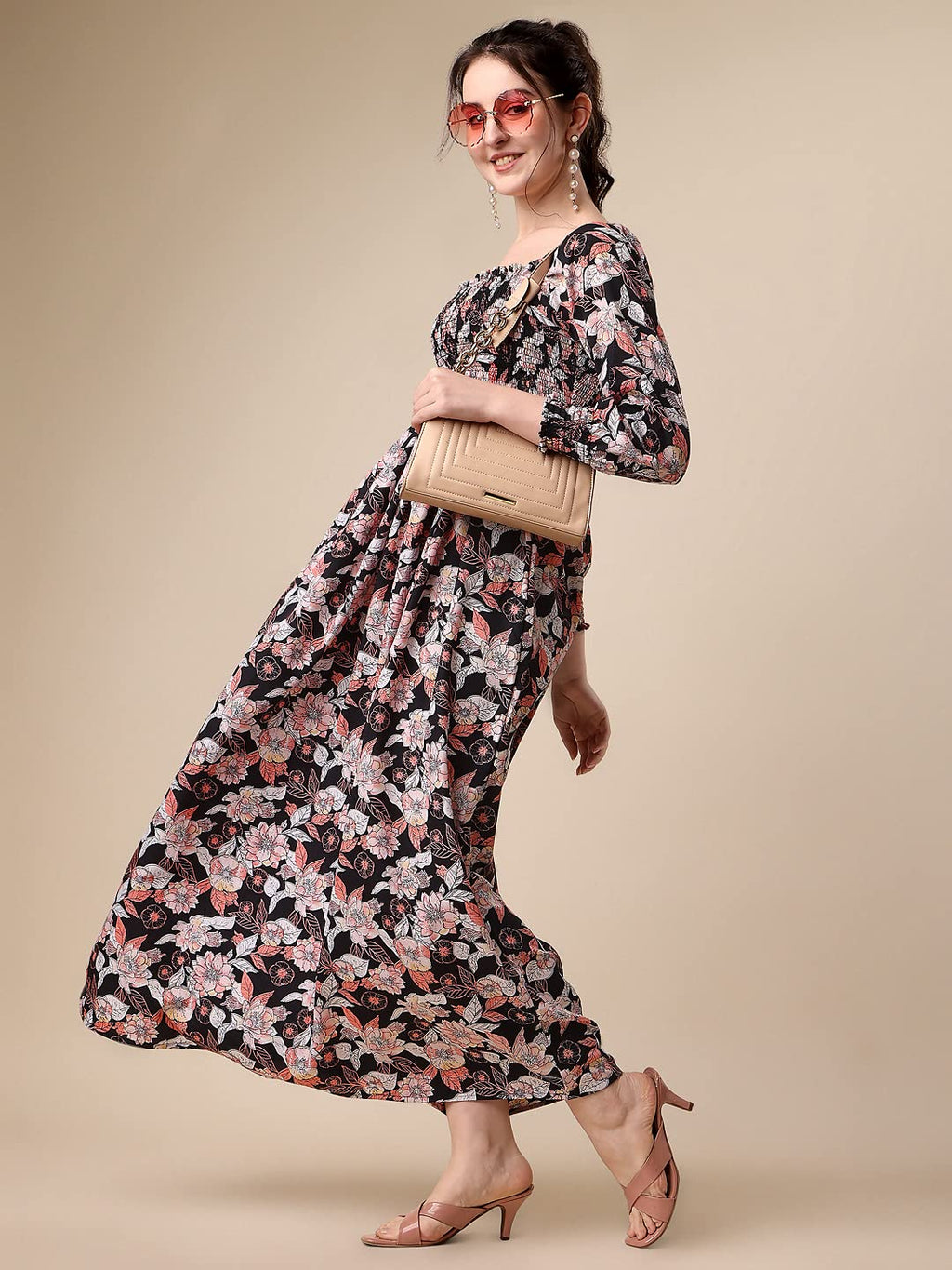 Sheetal Associates WomenS Floral Printed Crepe Full Length Dress Black