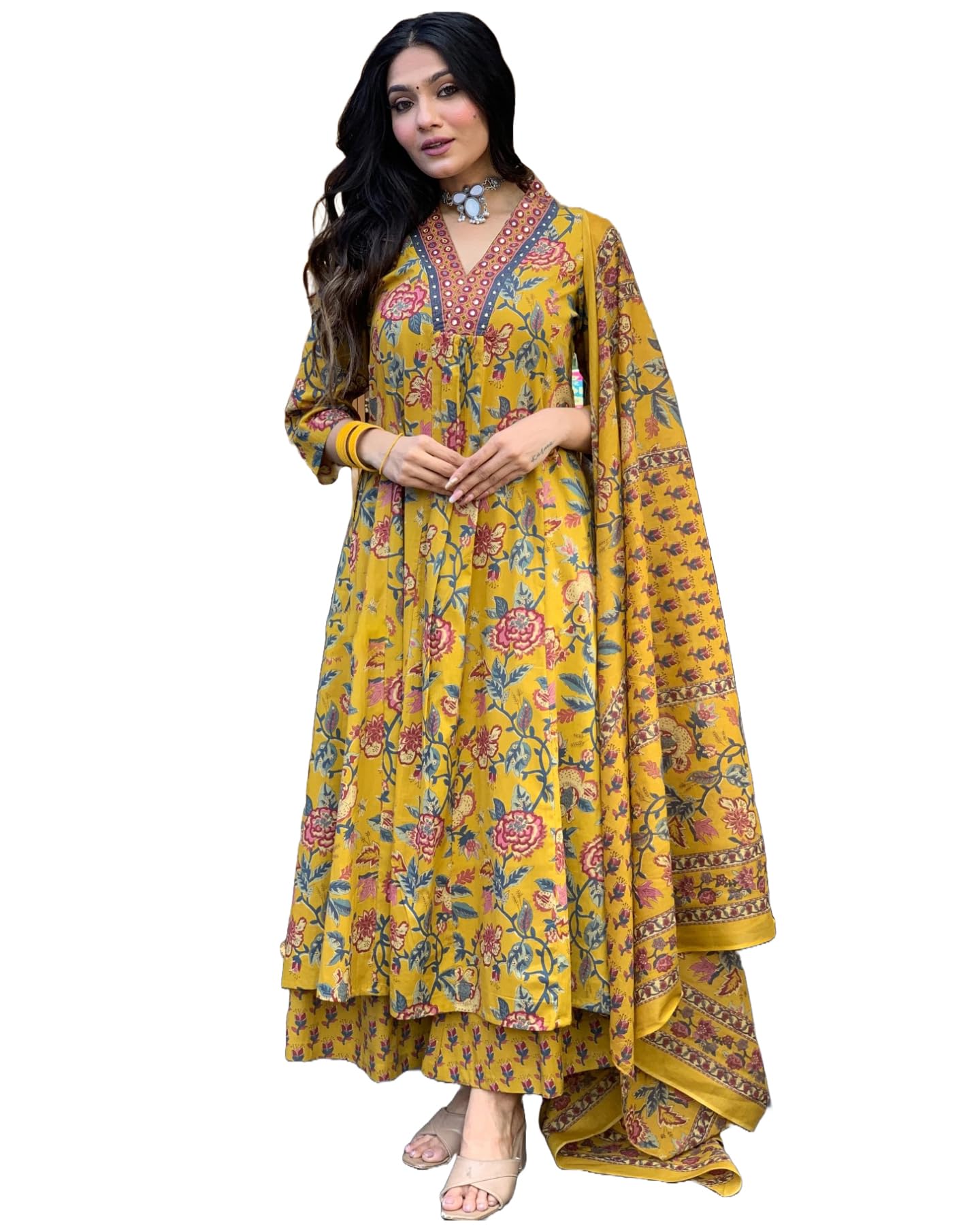GoSriKi Women s Anarkali Viscose Kurta with Palazzo and Dupatta, Red, L