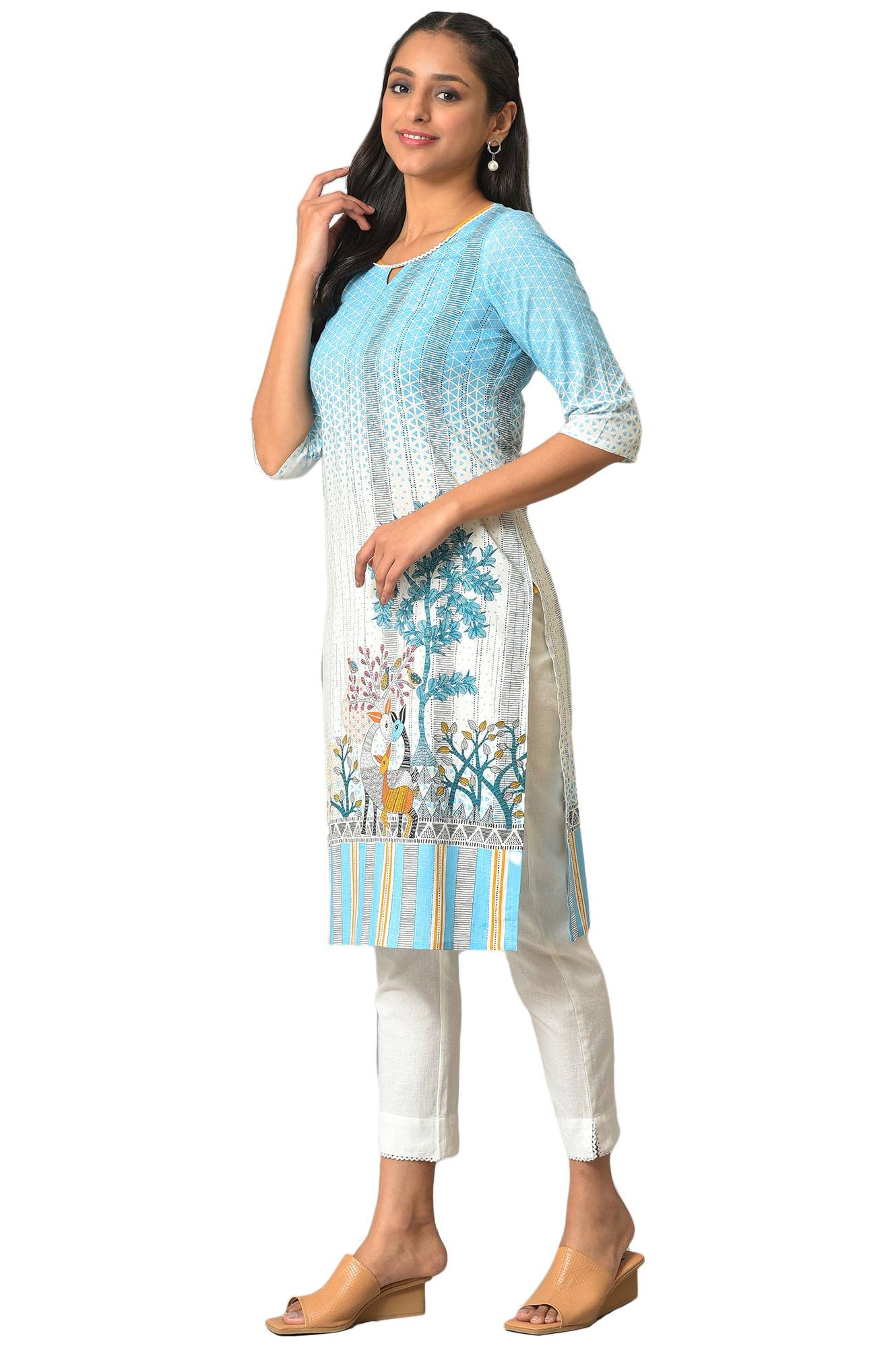 Aurelia Blue Botanical Regular Kurta For Women