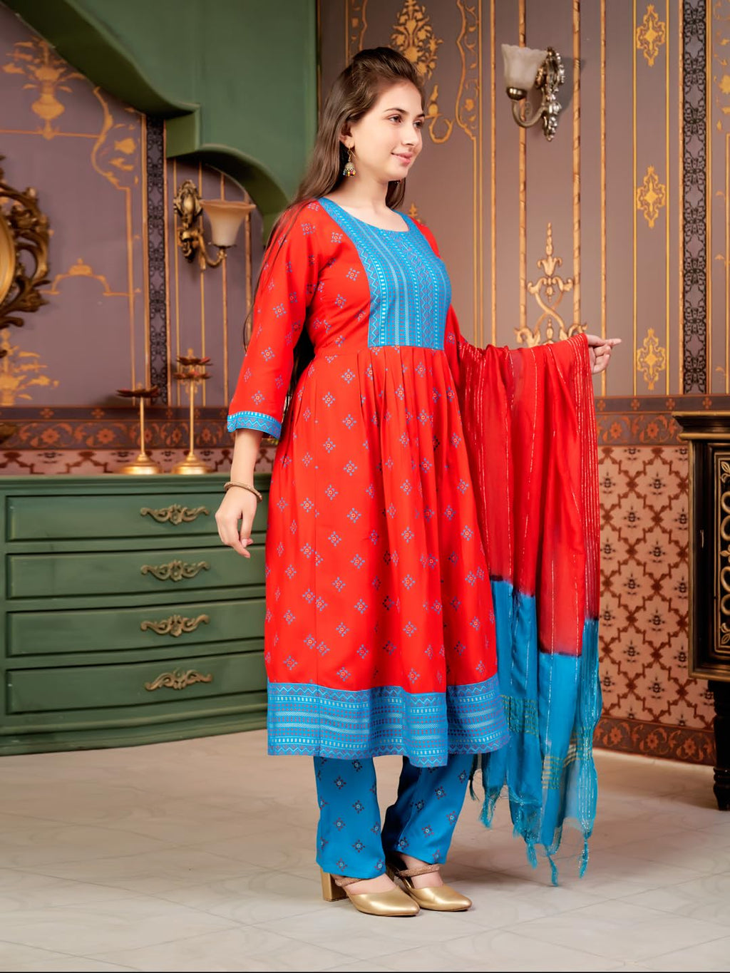Aarika Girls Ethnic Wear Red-Firozi Colour Foil Print Rayon Kurti-8-15 Years (Kurti-Ap-801)