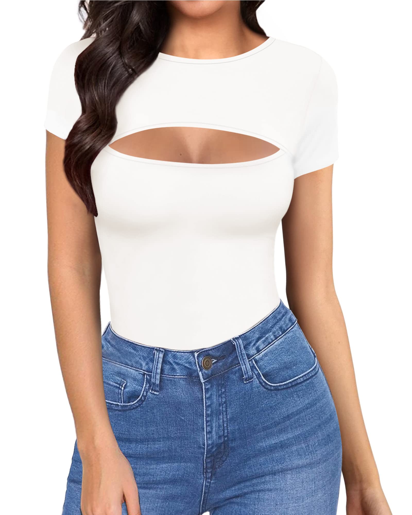 ALGALAROUND Women's Cutout Tops Basic Long Sleeve/Short Sleeve Round Neck Slim Fit T-Shirts (B Short Sleeve White, Medium)