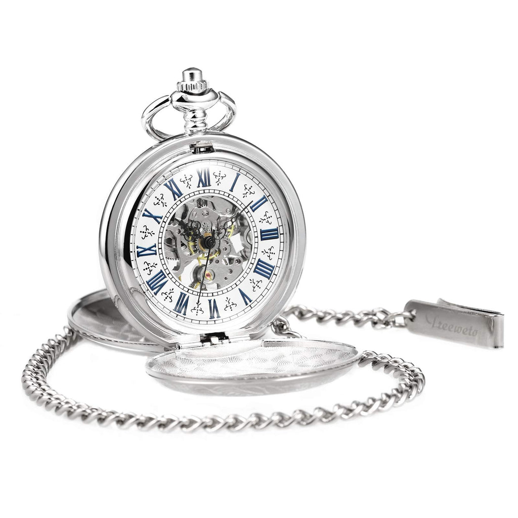 TREEWETO Men's Women's Pocket Watch Steampunk Skeleton Mechanical Silver Fob Retro Watches Double Case