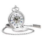 TREEWETO Men's Women's Pocket Watch Steampunk Skeleton Mechanical Silver Fob Retro Watches Double Case