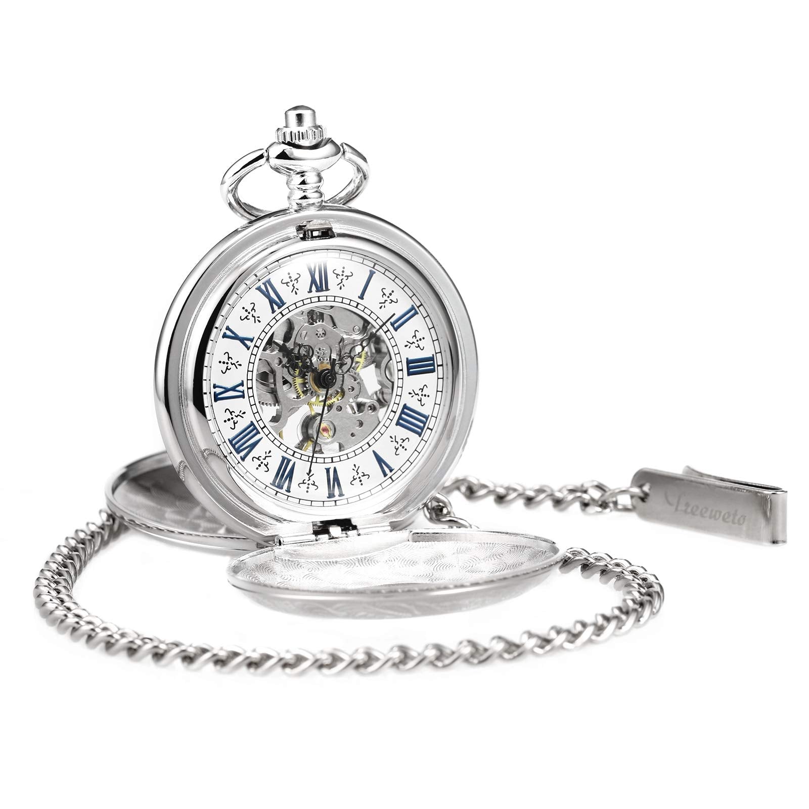TREEWETO Men's Women's Pocket Watch Steampunk Skeleton Mechanical Silver Fob Retro Watches Double Case