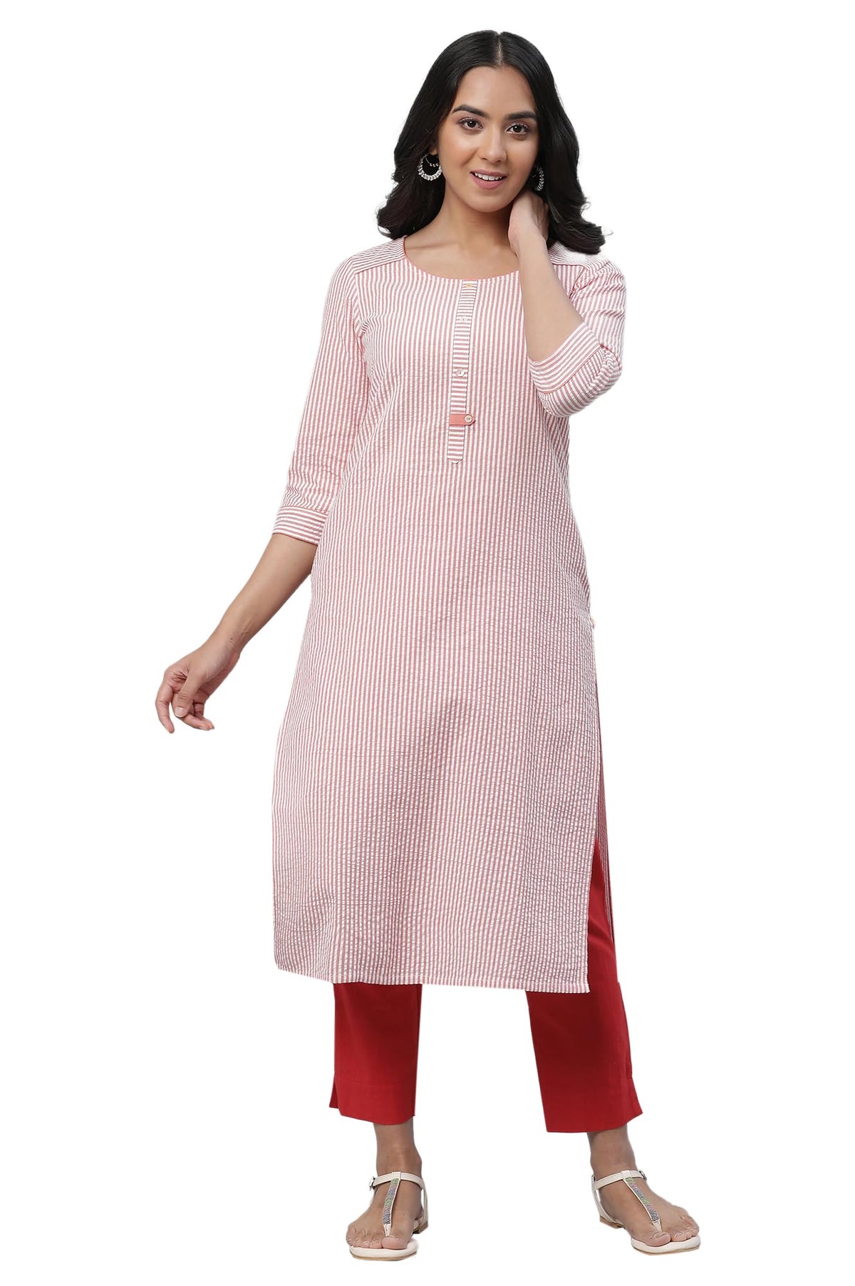 Aurelia Peach Stripe Seer Sucker Kurta and Trouser Set (Size: S)-23AUAS14930-704169