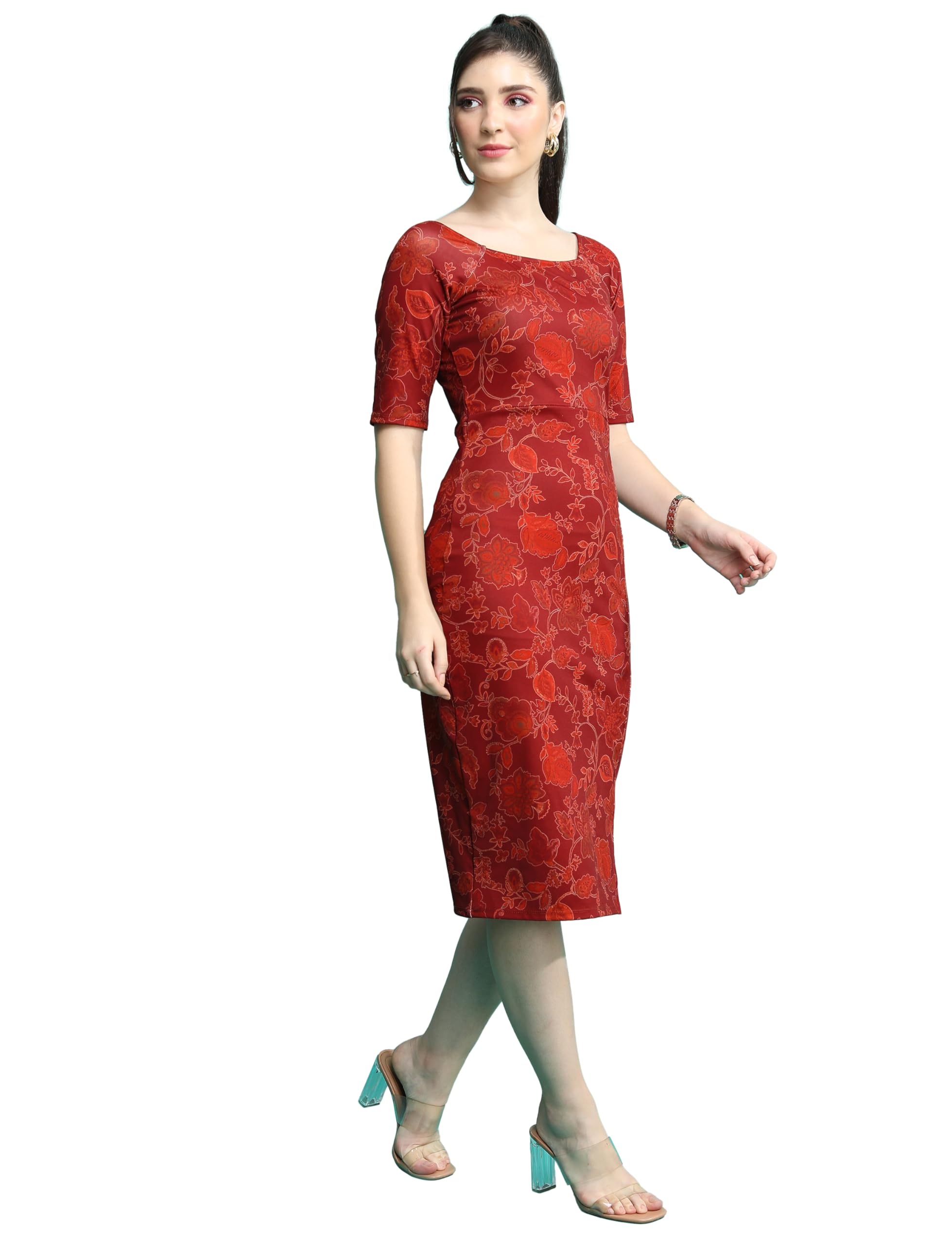 Ketch WomenS Cotton Blend Printed Square Neck Bodycon Midi Dress Knee-Length Khj6000556_Maroon Multi