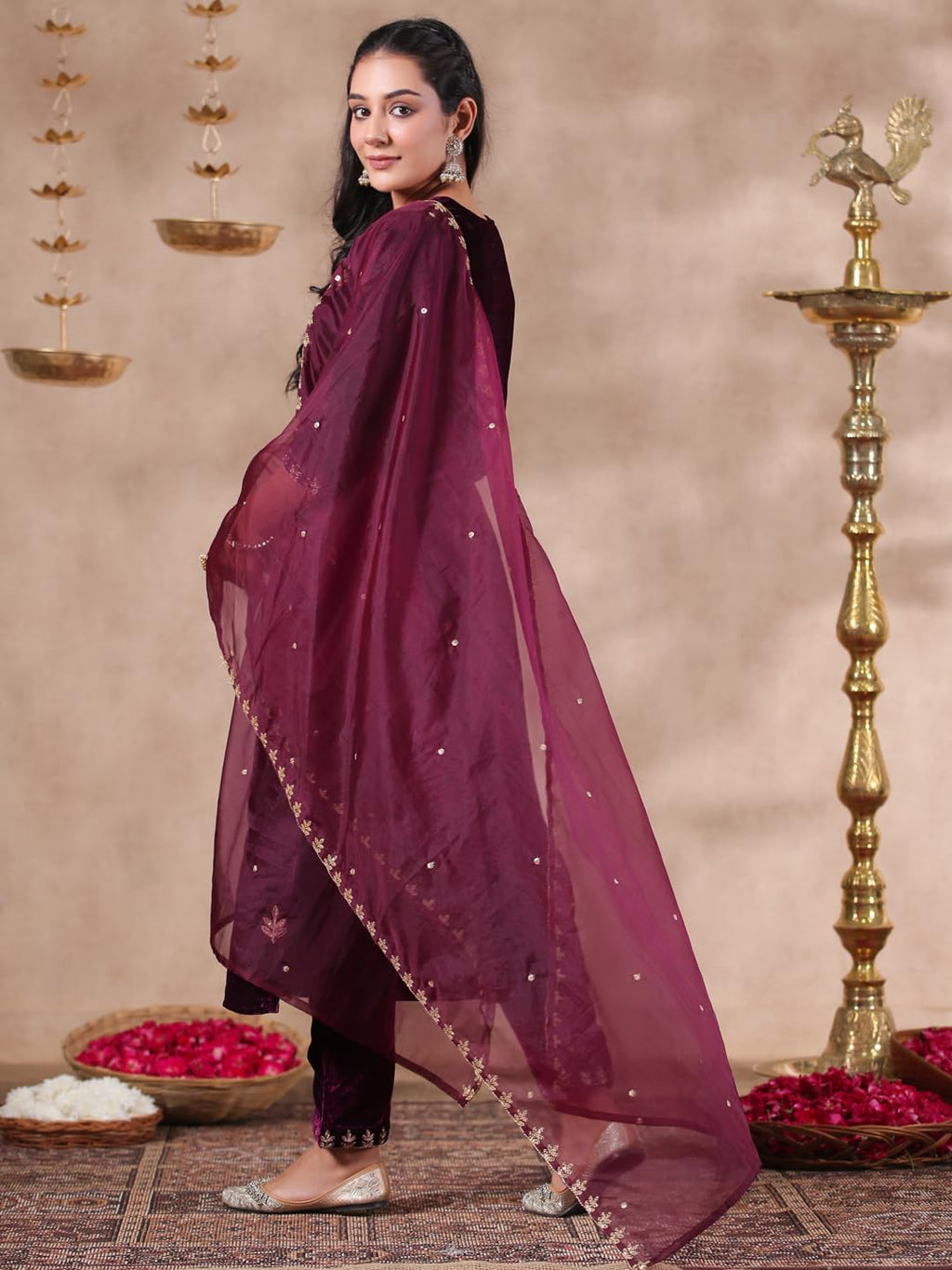 Ishin WomenS Velvet Self Design Zari Purple Straight Kurta Suit Set With Trousers & Dupatta
