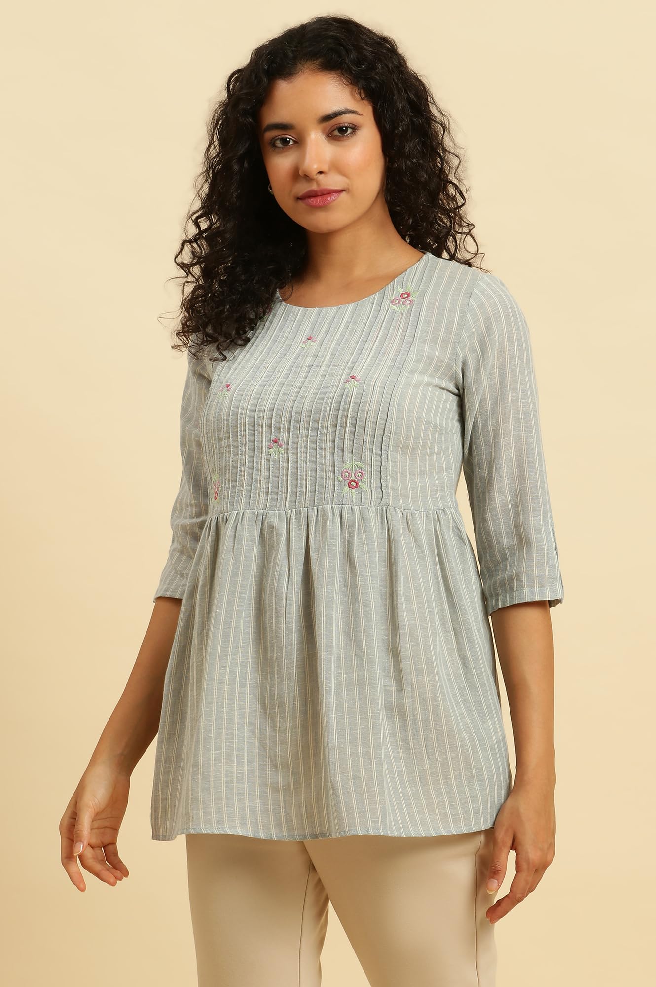 W Grey Striped Peplum Top For Women In Synthetic Material