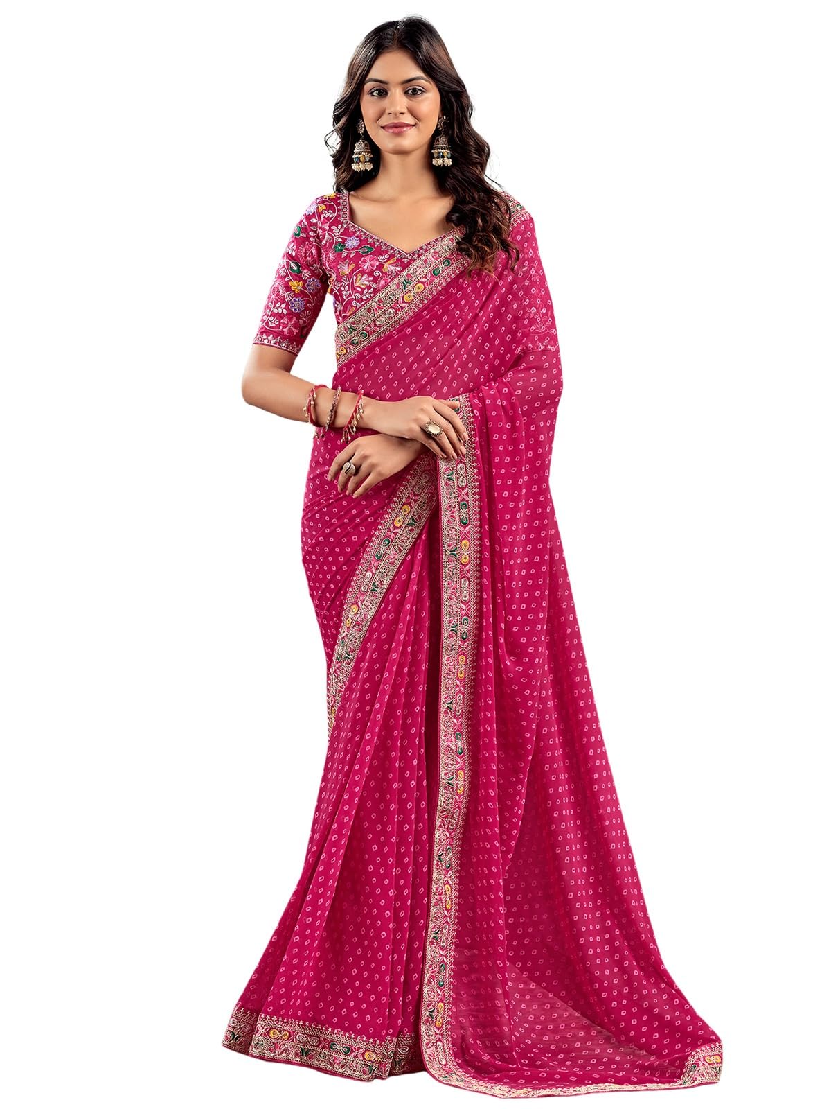 Satrani Womens Georgette Sequence Embroidery Lace & Bandhani Printed Saree with Unstitched Blouse Piece (4115S901N_Rani Pink)