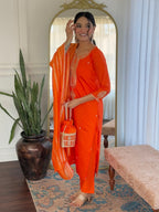 Naixa WomenS Orange Embroidered Straight Kurta With Chanderi Viscose Pant And Viscose Jacquard Dyed Dupatta Sets (Nx-Mv-610-Ora