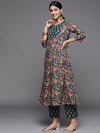 Varanga Women Teal Floral Printed Anarkali With Bottom And Dupatta