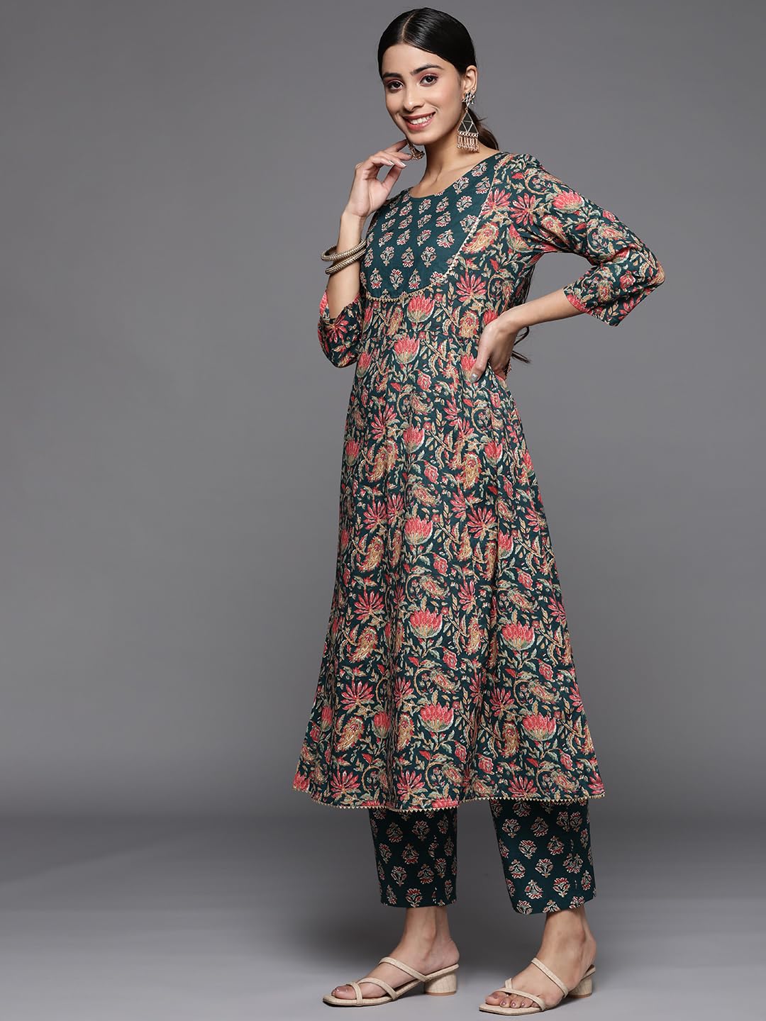 Varanga Women Teal Floral Printed Anarkali With Bottom And Dupatta