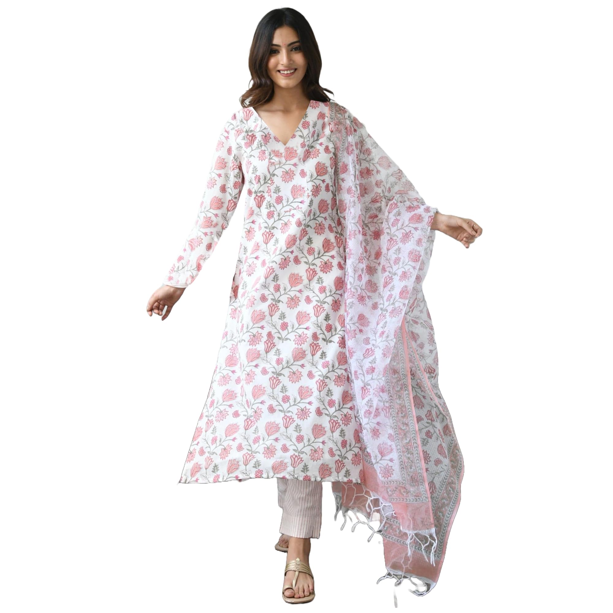 ANNI DESIGNER Womens Cotton Blend Straight Printed Kurta with Pant & Dupatta (Mogri White_XXL_White_XX-Large)