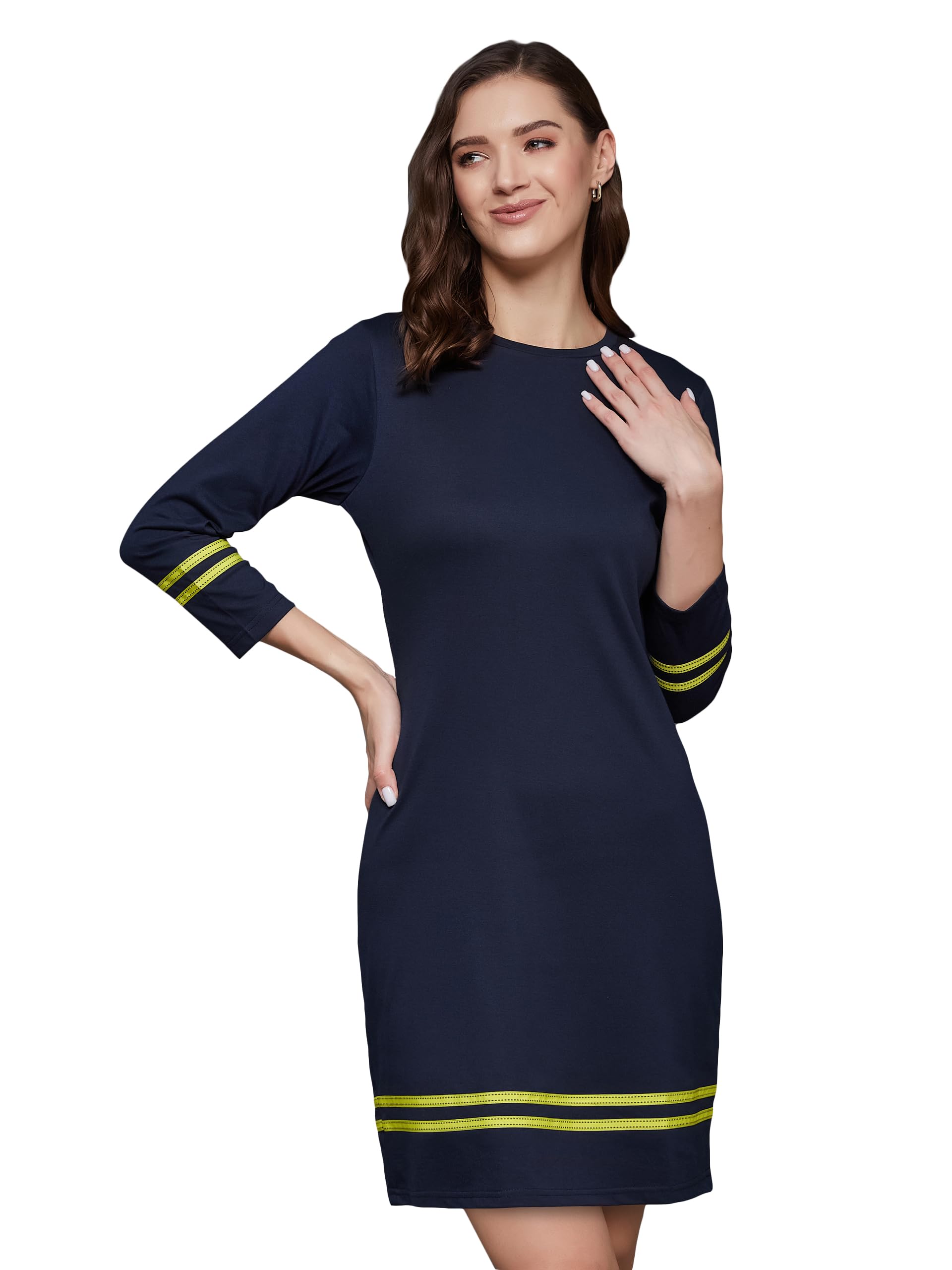 Miss Chase WomenS Round Neck 3/4 Sleeves Solid Shift Dress (Mcaw23D98-82-71-05, Navy, L)