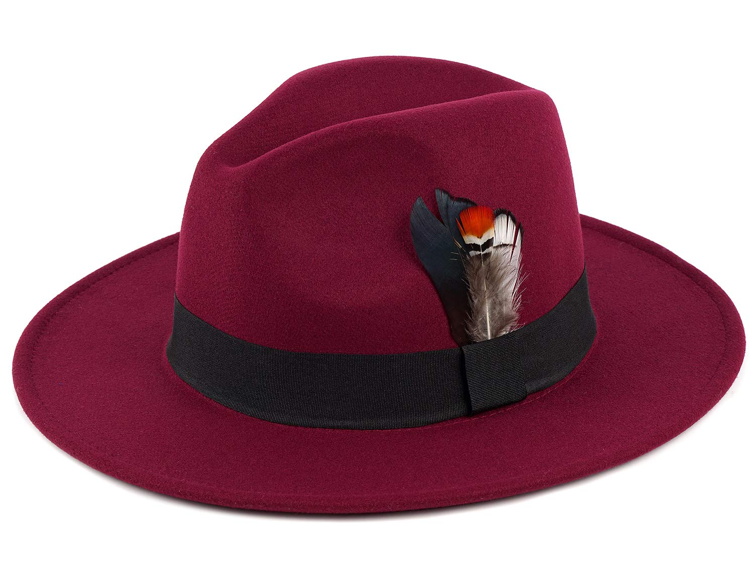 FADACHY Classic Fedora Hat for Men & Women Wide Brim Felt Hat Panama Dress Hat Burgundy Red Fedora