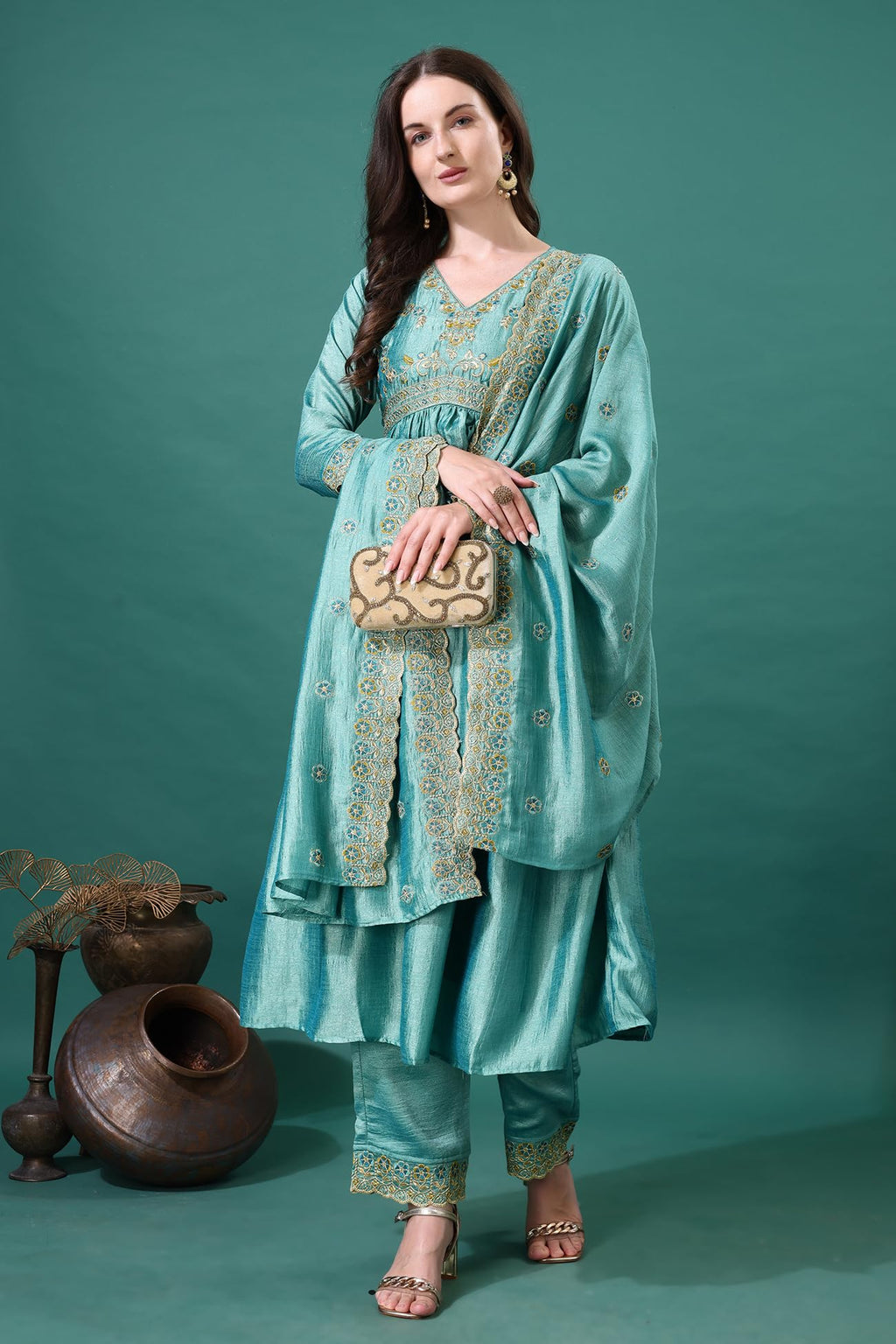 Pratham Blue WomenS Silk Embroidered Anarkali Kurta Palazzos With Dupatta |Kurta Set For Women |Women Kurta |Women Embroidered