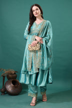 Pratham Blue WomenS Silk Embroidered Anarkali Kurta Palazzos With Dupatta |Kurta Set For Women |Women Kurta |Women Embroidered