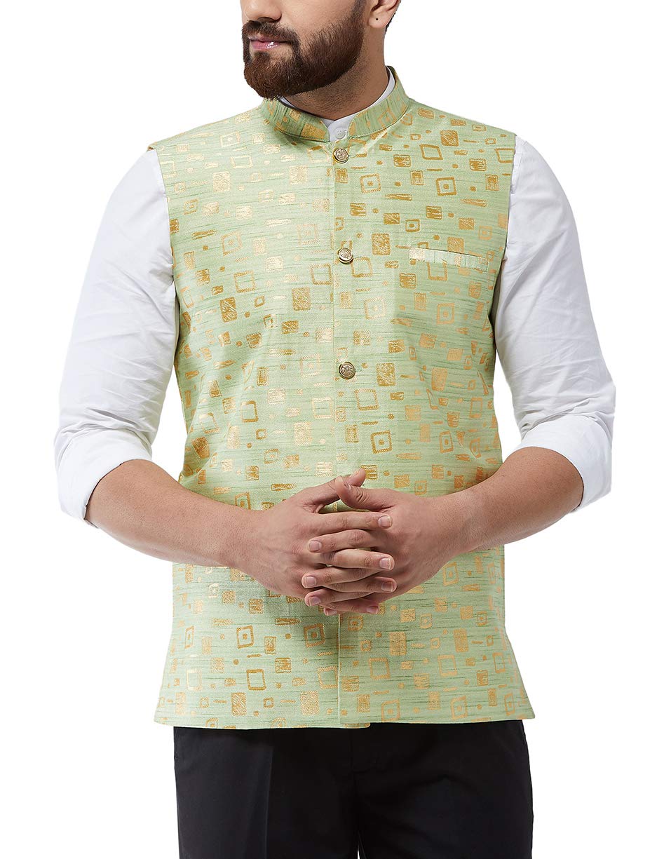 SOJANYA (Since 1958 Mens Jacquard Silk Green Designer Nehru Jacket, Size: 42