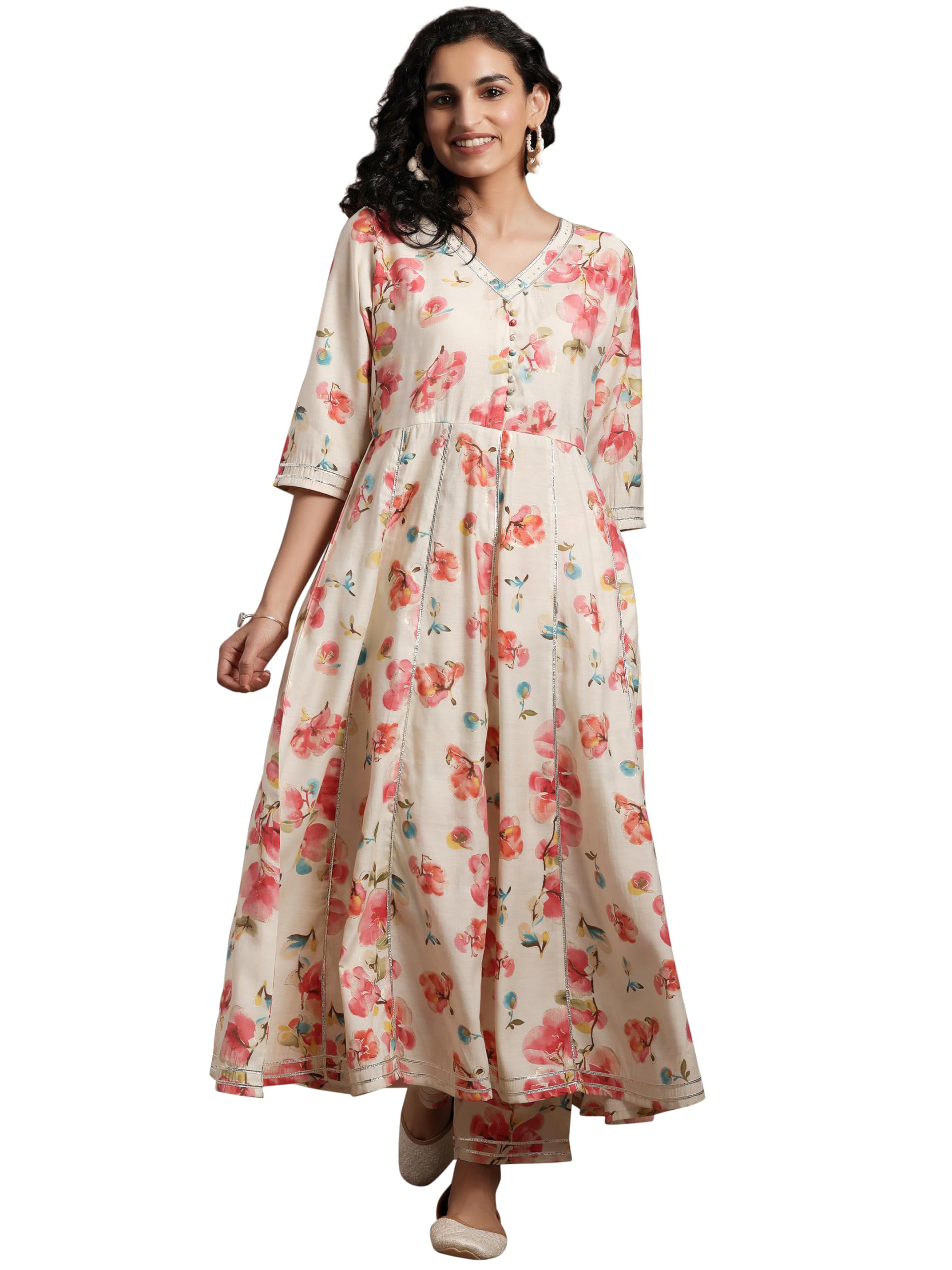 Libas Women Silk Blend Off White Printed Anarkali Kurta Set With Trousers, 2Xl