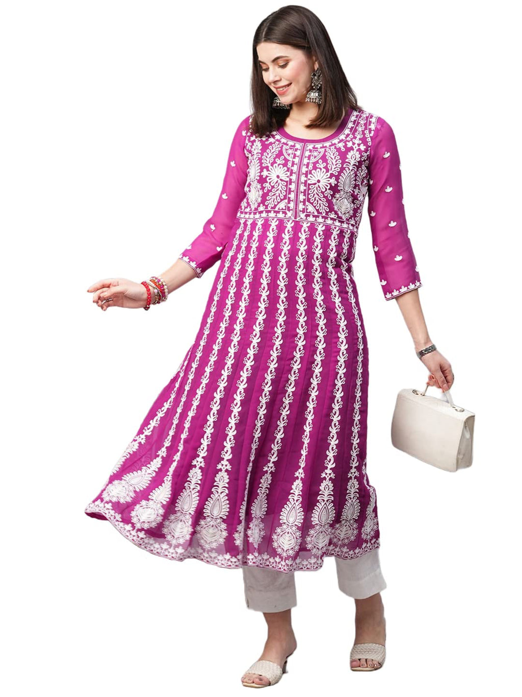 ANNI DESIGNER Womens Georgette Chikankari Embroidered Anarkali Kurti (Naav Pink-Nw2_XXL_Dark Pink_XX-Large)