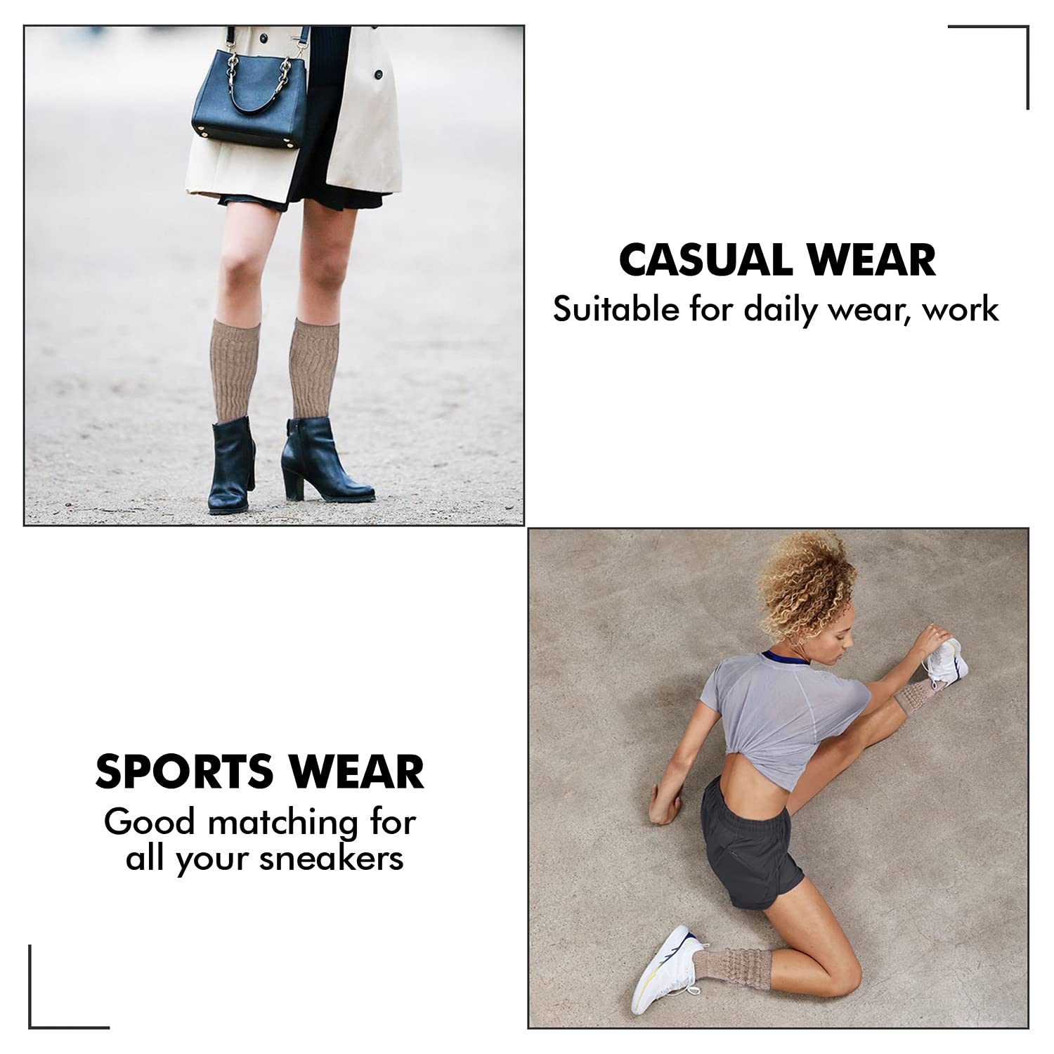 MDR Women's Extra Long & Heavy Slouch Cotton Wear at any Length Socks Made in USA 1 Pair Size 9 to 11 (Beige)