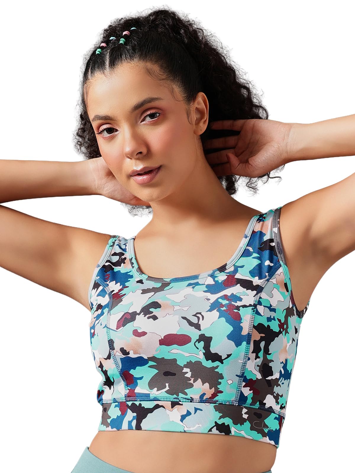 Clovia Womens Medium Impact Padded Non-Wired Camouflage Print Sports Bra (BRS026C03_Blue_XXL)
