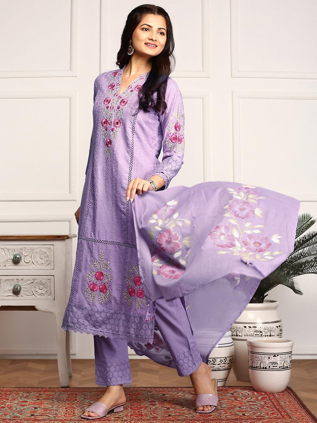 Ishin Women Purple Cotton Kurta Set With Dupatta