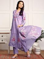 Ishin Women Purple Cotton Kurta Set With Dupatta