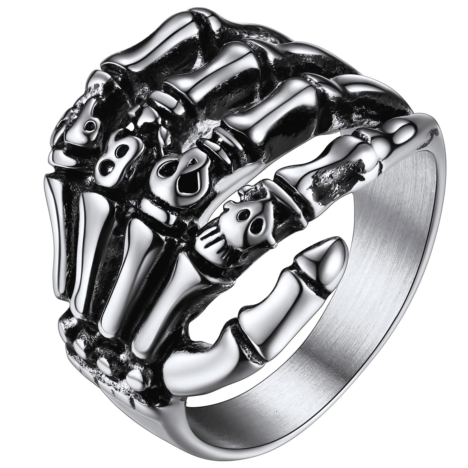 FaithHeart Punk Skull Hand Rings for Man Stainless Steel Gothic Halloween Party Accessories
