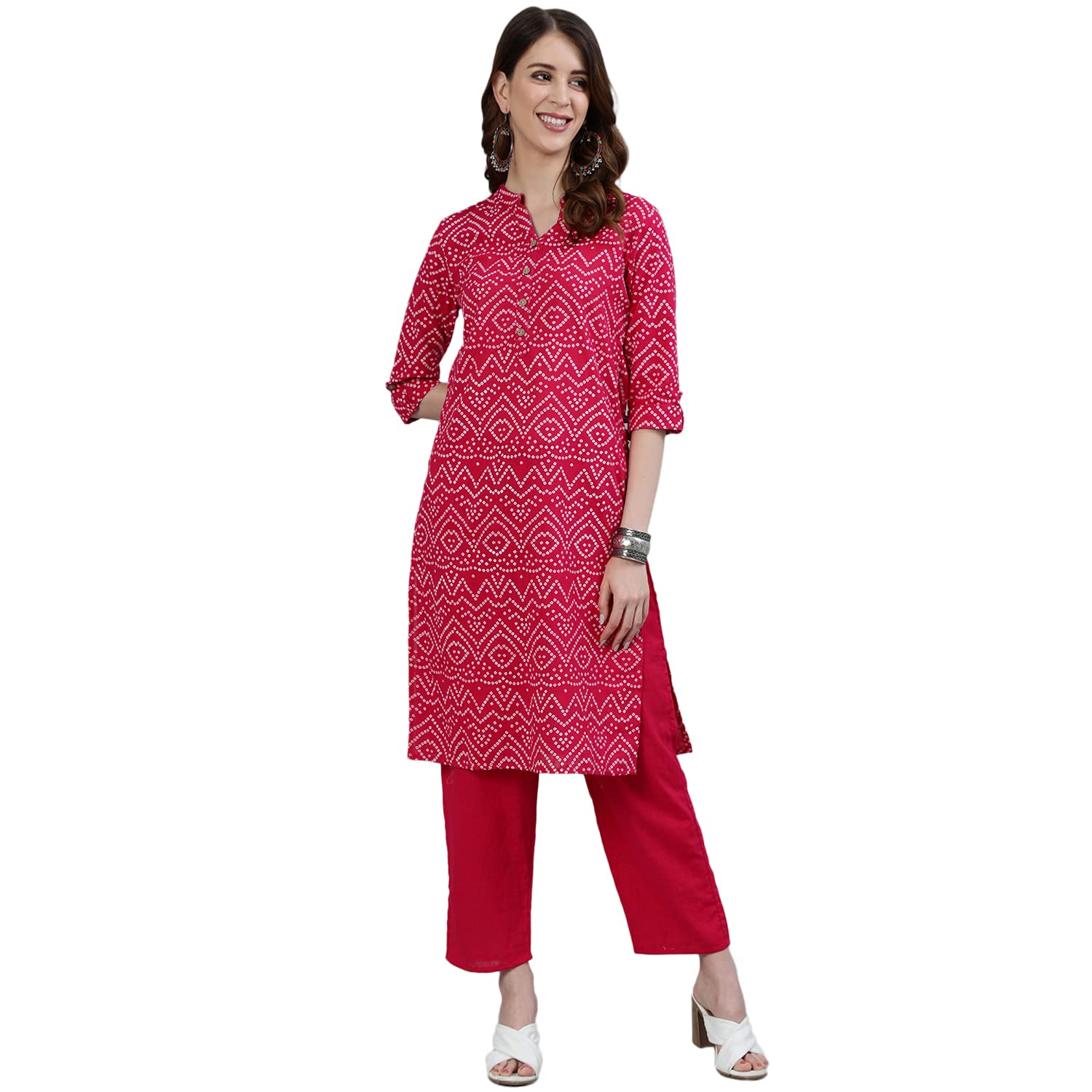 Ishin Women'S Pure Cotton Pink Printed Straight Kurta Suit Set With Pant Kp-15000_L_Pink