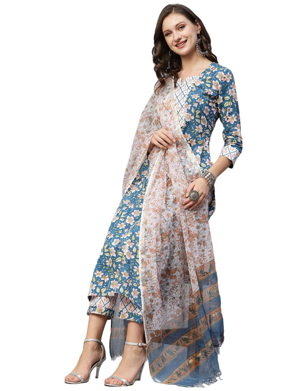 ANNI DESIGNER Womens Cotton Blend Straight Printed Kurta with Pant & Dupatta (Kuntu Green_L_Green_Large)